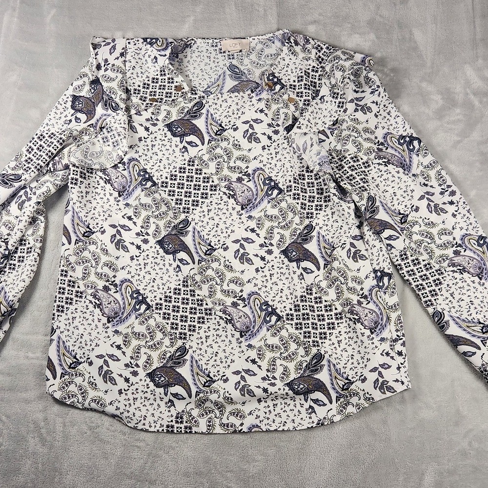 LOFT Outlet Blouse M Purple Floral Paisley Ruffle Long Sleeve Coquette
